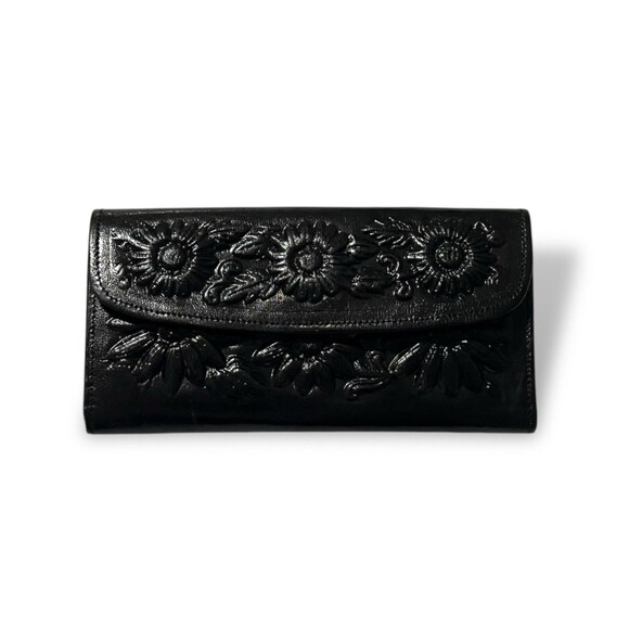 Handmade Handbags - Mexican Embossed Leather Wallet Shiny Black Checkbook Flowers Handmade New